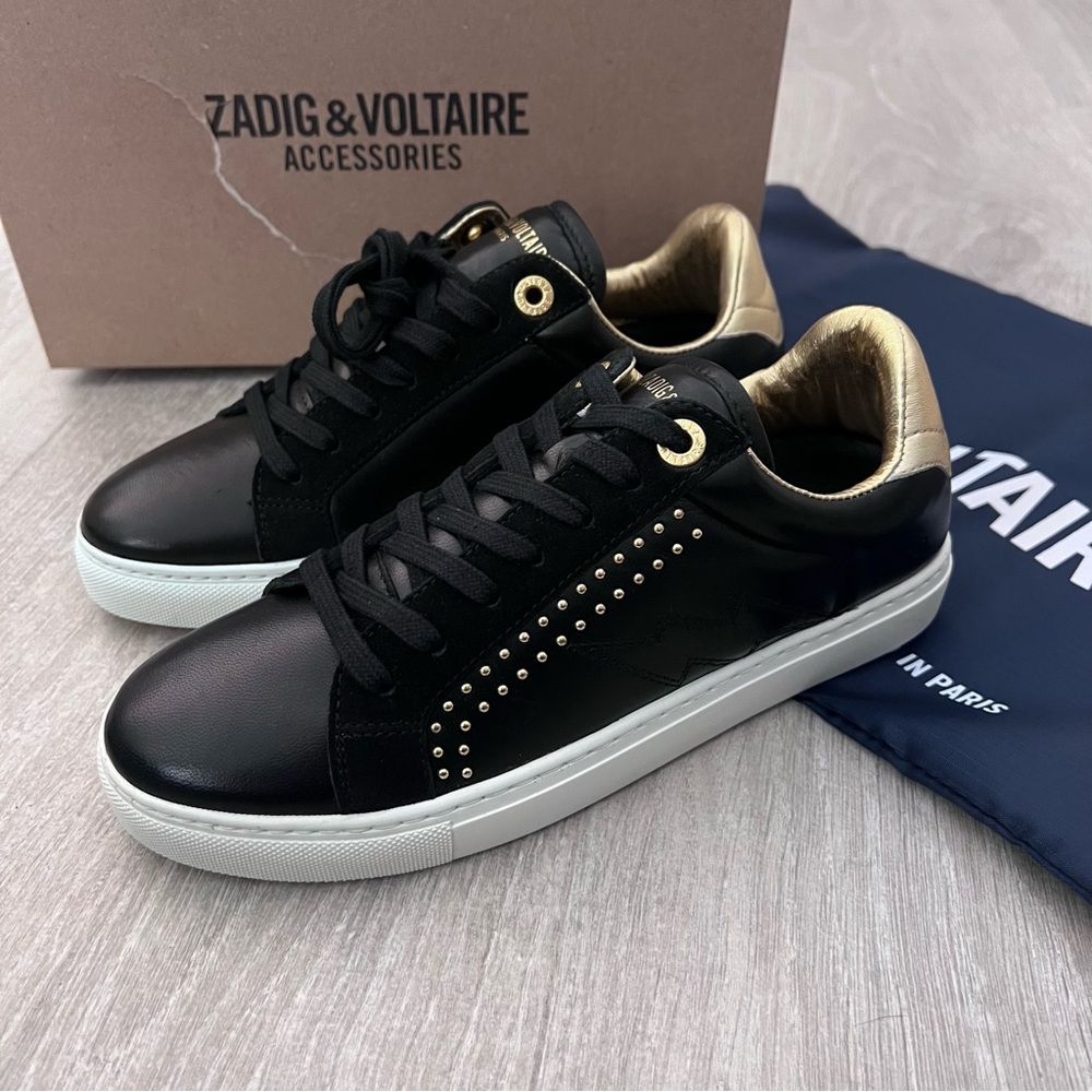Zadig & Voltaire Black and Gold Sneakers with Gold Studs NWT